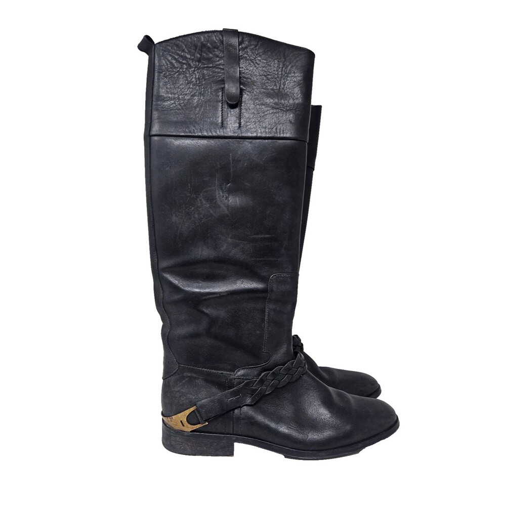GOLDEN GOOSE Tall Leather Boots Clamp Heel Black Women's 38 US 7, 7.5 Equestrian